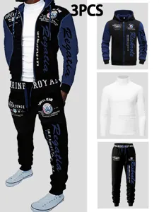 Close-up details of the men 3-piece clothing set including printed hoodie and sweatpants.