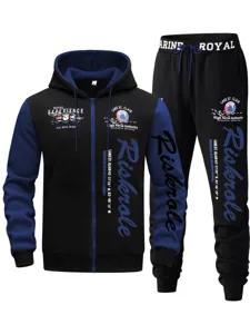 Men's fashion streetwear black blue colorblock zip hoodie and sweatpants tracksuit set.