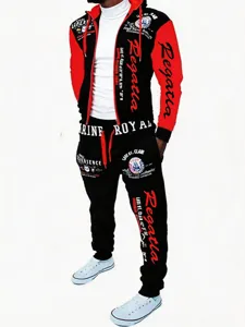 Men's colorblock hooded zipper hoodie and sweatpants set with stylish graphic prints.