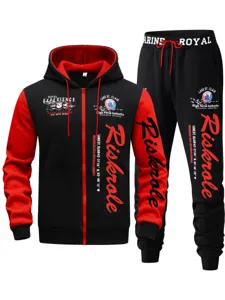 Men's autumn winter colorblock zip hoodie and sweatpants set casual sportswear outfit.