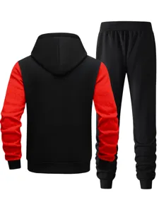 Detailed view of the men black and red colorblock hoodie and sweatpants set detail.