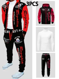 Mens 3-piece tracksuit set featuring zip hoodie, long sleeve t-shirt and casual sweatpants.