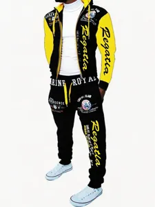 Men's black yellow colorblock hooded zipper sweatshirt and trousers set with chest print detail.