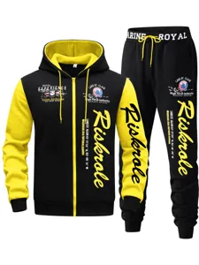 Men's contrast color zip hoodie and sweatpants tracksuit set, autumn fashion streetwear.