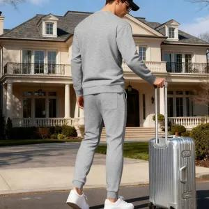 Men grey two piece tracksuit crewneck sweatshirt and sweatpants casual autumn winter fashion