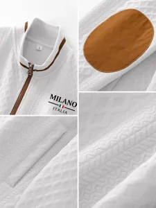 Veste en tricot homme col montant vue de detail, tissu blanc avec ecusson coude brun.