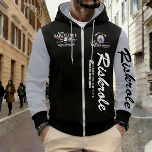 Men's black grey color block zip hoodie detail view showing graphic chest and sleeve prints.