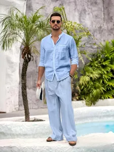 Men's linen long sleeve mandarin collar shirt and loose casual trousers set light blue