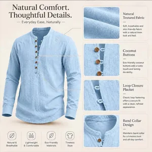 Men's long sleeve casual linen shirt detail view showing fabric texture and buttons.