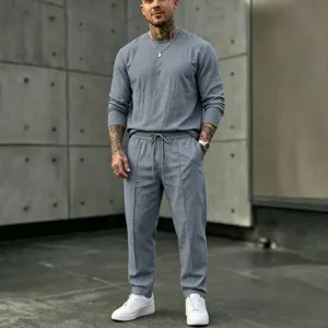 Men's Casual Linen Blend Suit Set Long Sleeve Crew Neck Top And Long Pants Summer Vacation Outfit Top And Bottom