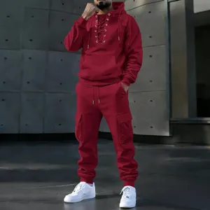 Mens Maroon Hoodie Cargo Pants Set Casual Streetwear Lace-Up Long Sleeve Sweatshirt Outfit