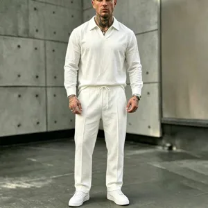 Men's Linen Blend Casual Suit Set V-Neck Long Sleeve Shirt And Long Pants Vacation Beach Outfit