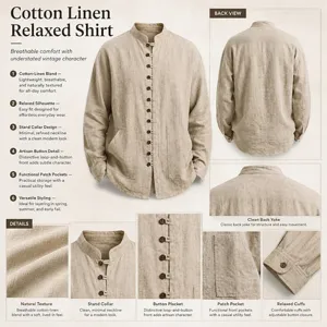 Cotton linen long sleeve shirt detail view showing stand collar, loop buttons and patch pockets.