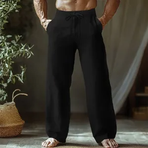Detailed view of men's casual linen trousers, featuring a comfortable loose fit and drawstring.