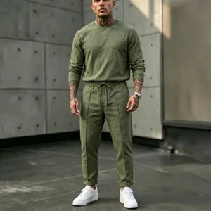 Men's linen long-sleeve crewneck top and trousers casual set in olive green for daily wear.