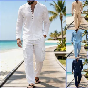 Men Casual Linen Blend Two-Piece Outfit Stand Collar Long-Sleeve Shirt And Cargo Pants Set Spring Autumn Suit