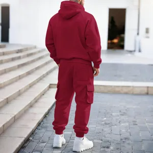 Men's solid color hooded tracksuit back view, multi-pocket cargo sweatpants details design.