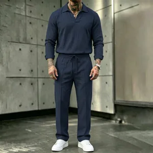 Detailed view of men casual long sleeve v-neck shirt and trousers set in navy blue.