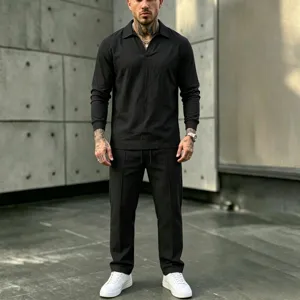 Men black long sleeve V-neck shirt and trousers set, casual vacation beach linen outfit.