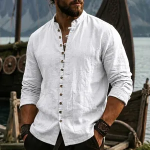 Men long sleeve linen shirt stand collar casual breathable solid color pocket shirt detail
