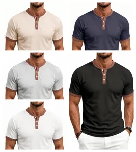 Men's contrast trim waffle knit short sleeve Henley t-shirt casual summer slim fit top