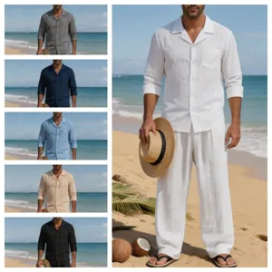 Traje de Playa Casual para Hombre de Lino Estilo Americano Camisa de Manga Larga Transpirable Y Pantalones Largos Top And Bottom
