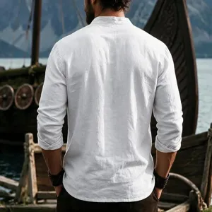 Men's long sleeve linen shirt stand collar casual breathable solid color detail view top
