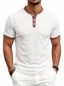 Men's waffle knit short sleeve Henley shirt detail view showing contrast collar and buttons.