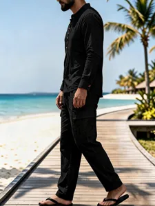 Men casual long sleeve mandarin collar black linen shirt and cargo pants detail scene view.