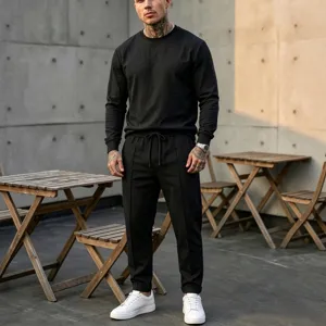 Men's casual linen long sleeve crewneck top and trousers set for vacation daily wear.