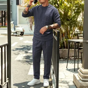 Ensemble Homme Mélange de Lin Chemise Col Rond Manches Longues et Pantalon Décontracté Tenue de Plage Vacances d'Été