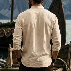 Men's casual long sleeve linen shirt mandarin collar back view detail showcase.