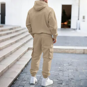Men's solid color hooded sweatshirt and multi-pocket cargo pants set for casual wear.