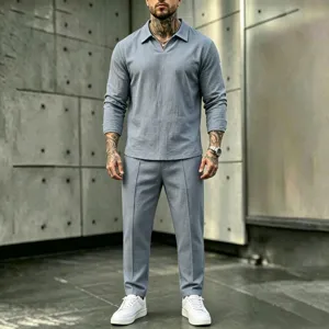 Men's grey blue casual long sleeve V-neck shirt and long pants two piece suit set.