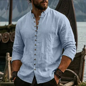 Men's casual long sleeve linen shirt featuring stand collar and multi-button design for daily wear.