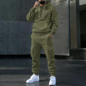 Mens olive green hooded tracksuit cargo set with lace up neck and practical pockets.