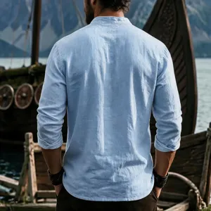 Men casual long sleeve linen shirt with stand collar, breathable solid color top.