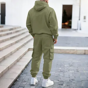 Detail view of men's olive green hooded tracksuit cargo pants, casual sportswear outfit.