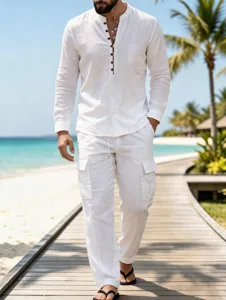 Men's white linen long sleeve mandarin collar shirt and cargo pants casual beach outfit