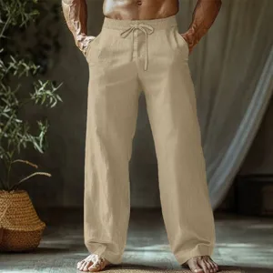 Men's Casual Linen Pants Solid Color Loose Straight Fit Drawstring Waist Lightweight Breathable Summer Trousers