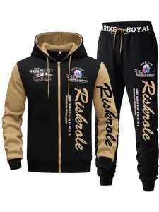 Men's autumn winter hooded zip jacket sweatpants tracksuit streetwear casual set.