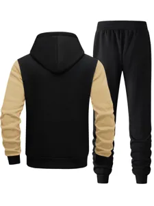 Men colorblocked hooded sweatshirt and sweatpants tracksuit set for autumn and winter casual wear.