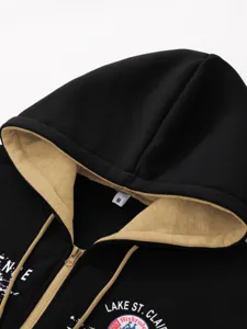 Men's casual contrast color hooded zip-up sweatshirt close-up detail view fashion.