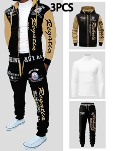 Men autumn winter 3-piece set hooded zip sweatshirt turtleneck t-shirt sweatpants.