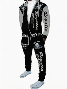 Men autumn winter color block hooded zipper jacket sweatpants tracksuit streetwear casual set