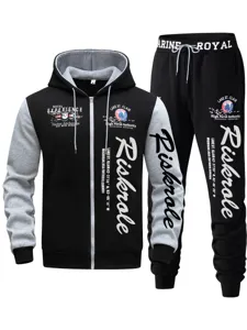Men's autumn winter hooded zip-up sweatshirt and sweatpants track suit set in black and grey.