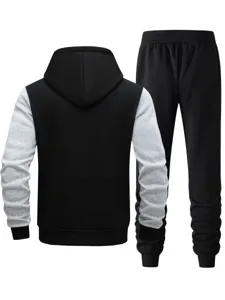Back view details of men casual colorblock hoodie and sweatpants sportswear set.