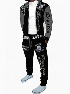 Detailed view of men's stylish color-block zip hoodie and sweatpants set with sleeve prints.