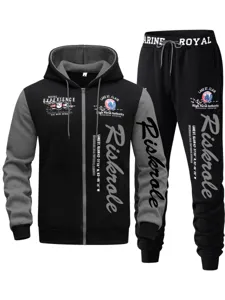 Men's colorblock zip hoodie and sweatpants tracksuit set, casual sportswear activewear.