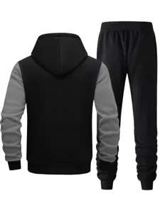 Back view details of men color block hoodie and sweatpants casual sportswear set.